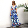 Sexy Woman v-neck Flower Printed maxi Beach Dress